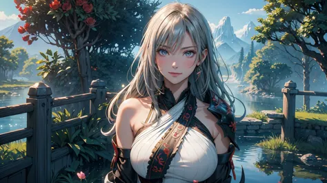 fantasy anime landscape portrait: a high-resolution anime-style scene featuring a beautiful 22-year-old female warrior, confiden...