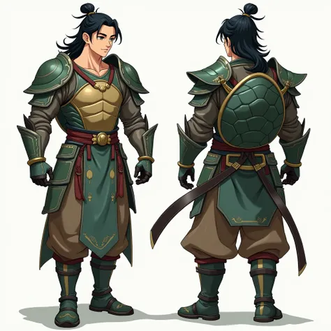  Full size image ,  clothes , from head to toe,  in profile and in front of , Young boy, 18 years old, male anime character , warrior, fighter and armored,  armor based on his animal spirit, warrior,  taking into account the following description :

name: ...