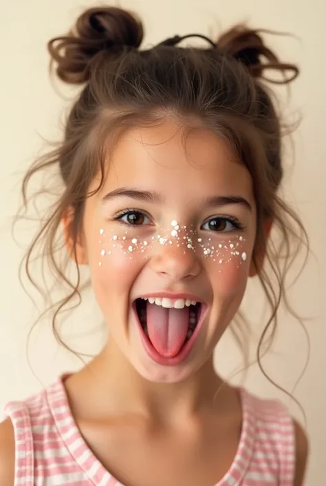 Teenage girl sticking out tongue smiling white drops on face