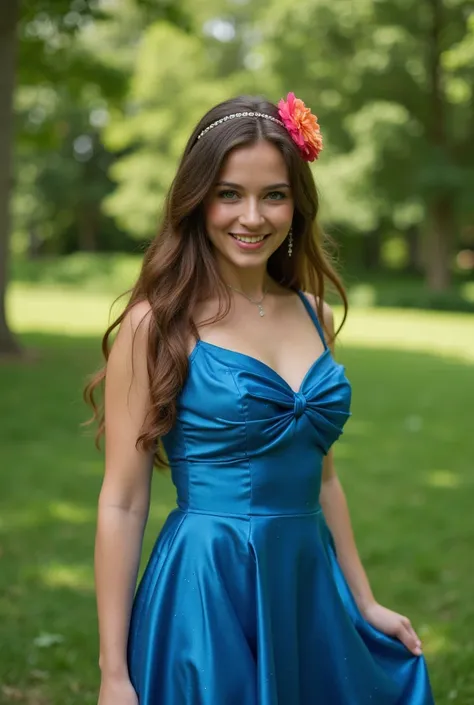 Realistic transformation portrait of a young brunette German flower girl aged 20 with long hair, headband, Flower in hair, Necklace, smile.  She stands in front of the camera in a shiny ,  metallic blue satin A-line dress with straps ,  Magical Cinderella ...