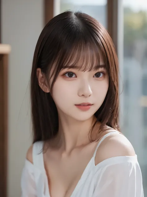 white shirt 、complex and beautiful eyes、woman、 womanらしい黒髪、(delicate and realistic hair、１realistic hair)、bangs、 naturally colored...