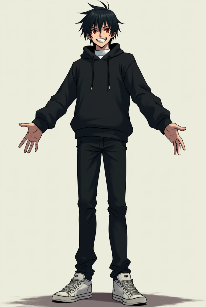 A tall anime character .  .  black hair .  with red eyes, wearing a black sweatshirt 
, with a white shirt,  with black pants , with white sneakers. With a psychotic smile with open arms 