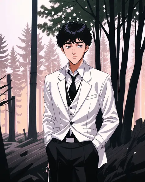 1man, 10 feet tall, short black hair, black eyes, white trench coat, black pants, black shirt, tie, vest, standing on ground, hi...