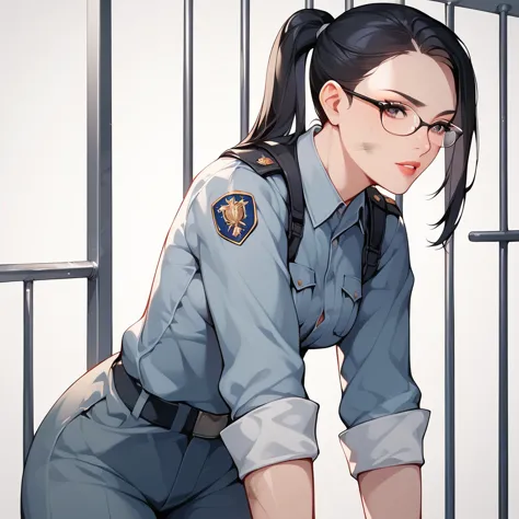 black hair, long hair, ponytail,glasses,uniform,dirty clothes, tattered clothes,prison,surrender,defeated soldiers,prisoner, 1 g...