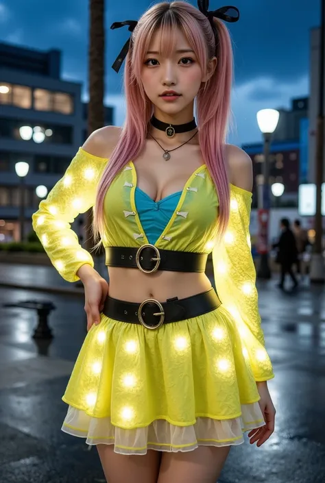 1girl,gal,(golden,pink hair,two-tone hair),long hair,side ponytail,black bow,Cool Cyber Idol Girl,whole body,Good style,Thick legs,Bee-covered Cyber Dress(Fluorescent yellow and blue),Cool girl face,Glowing Cyber Beehive,Cybertown at night,Honeycomb Belt,s...