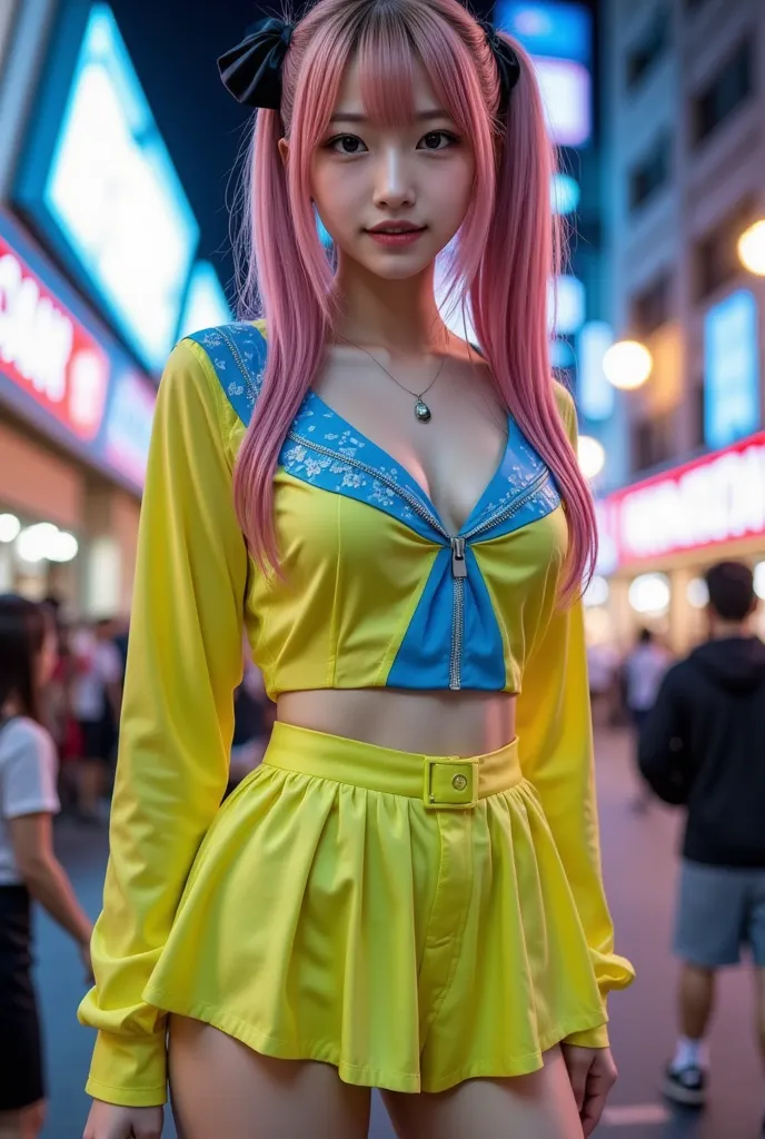 1girl,gal,(golden,pink hair,two-tone hair),long hair,side ponytail,black bow,Cool Cyber Idol Girl,whole body,Good style,Thick legs,Bee-covered Cyber Dress(Fluorescent yellow and blue),Cool girl face,Glowing Cyber Beehive,Cybertown at night,Honeycomb Belt,s...