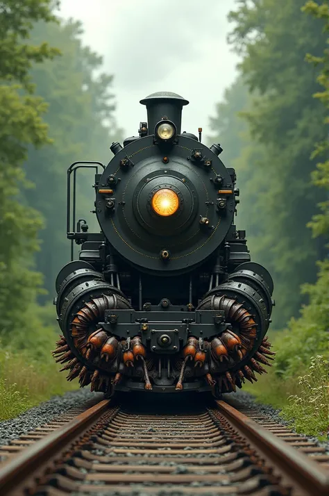 Create a hybrid image that combines a train and a centipede. The front of the image should feature a locomotive seamlessly merging into the segmented body of a centipede, with the trains metal textures blending into the centipedes natural exoskeleton. The ...