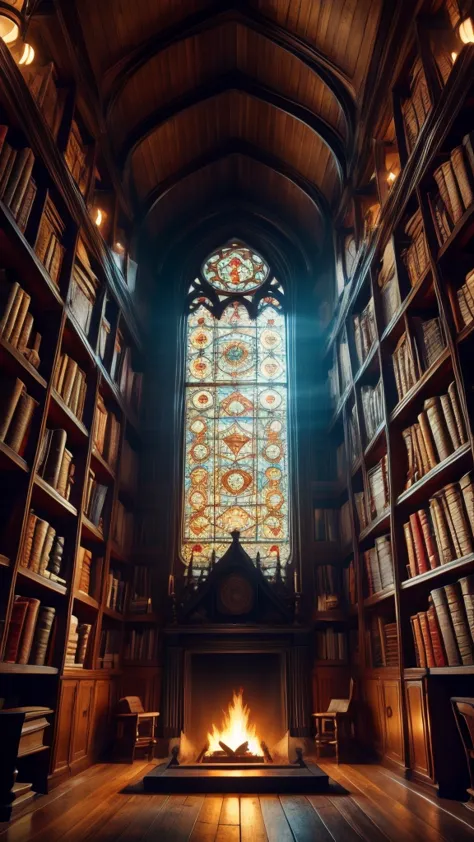 an ancient library, in victorian style ,  with dark wooden shelves that rise to the ceiling ,  filled with hardcover books aged ...