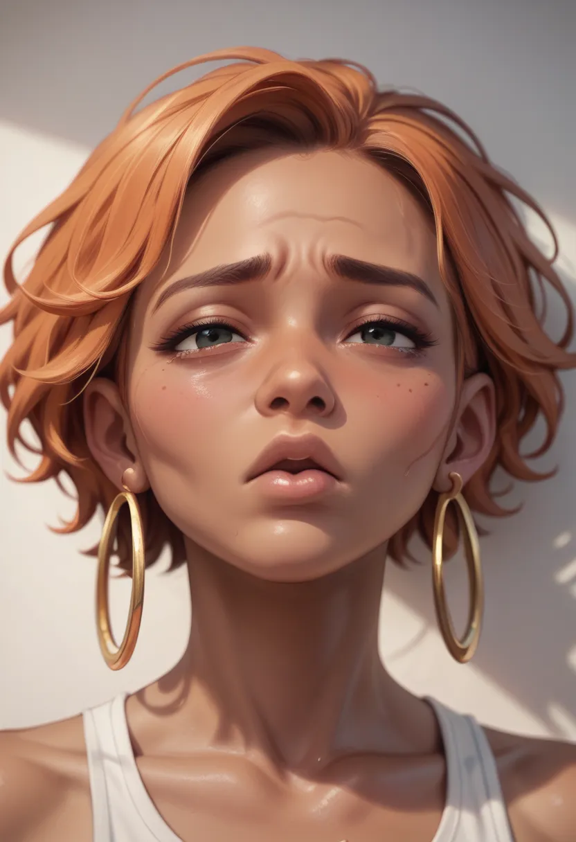 short orange hair, tanned skin, flushed, looking at the viewer, sexy expression, orgasm face, sad eyebrows, gold hoop earrings, ...