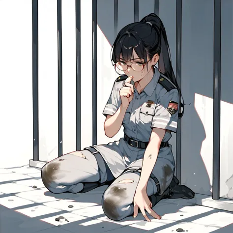 black hair, long hair, ponytail,glasses,uniform,dirty clothes, tattered clothes,prison,surrender,defeated soldiers,prisoner, 1 g...