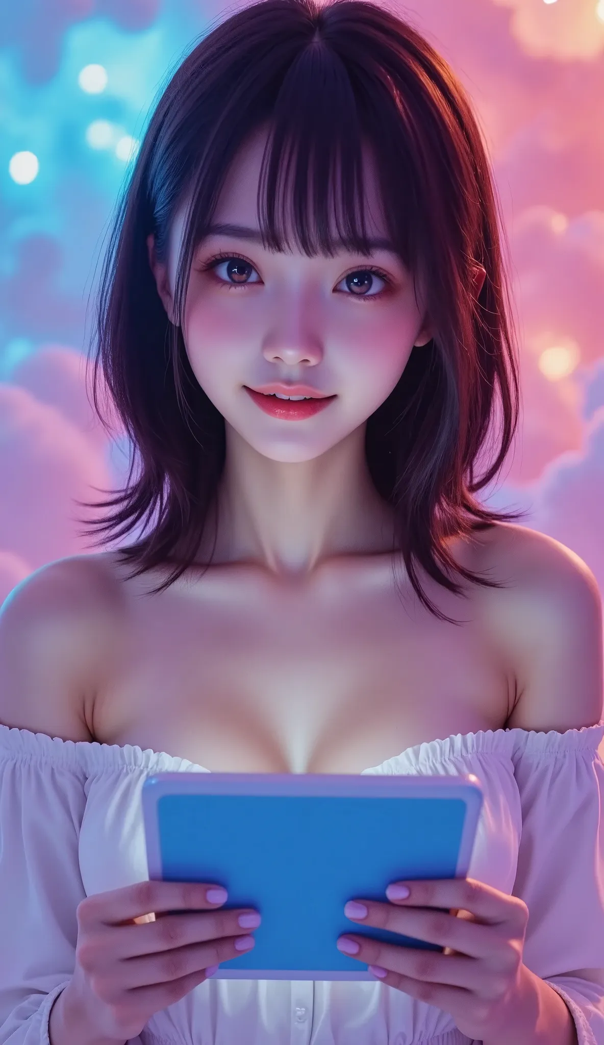 a beautiful virtual idol emerging from a tablet, detailed face, large expressive eyes, long eyelashes, detailed skin, detailed c...