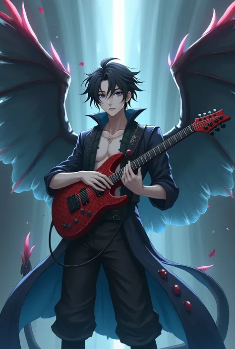 man,anime, red-feathered dragon wings , black hair ,red-and-black scaled clothing ,  playing red-and-black scaled guitar