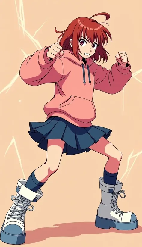 ((Momo Ayase)) Create an energetic anime illustration of Momo Ayase in a dynamic fighting pose, featuring her signature reddish-brown hair with messy bangs swept to the side. Show her in a determined, fierce expression with sharp, expressive eyes. Outfit i...