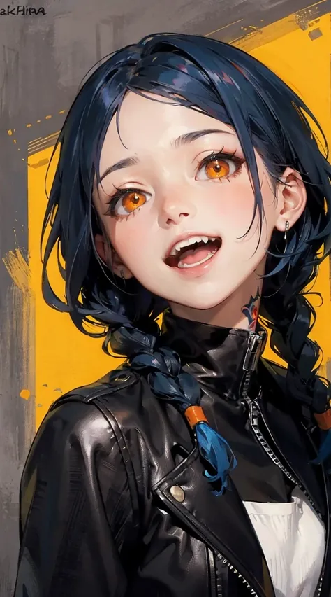 1girl smile, teeth, braces, orange eyes, blue hair, tattoo, crazy eyes, leather jacket, twin braids, upper body, open mouth, ahegao, masterpiece, best quality,,uzakihana