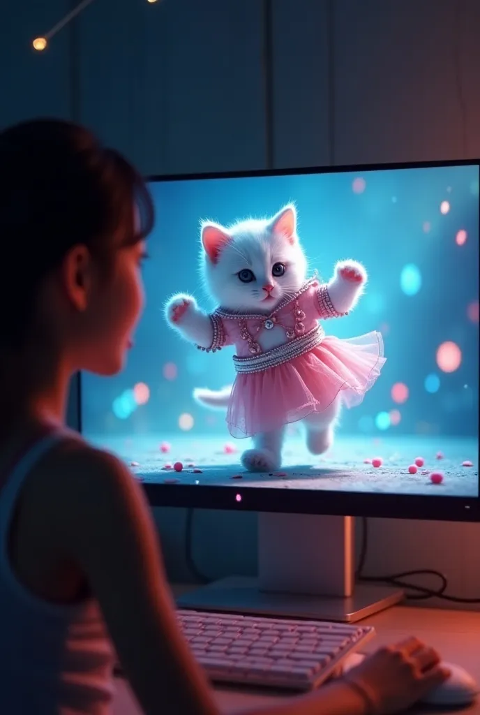  The cutest white kitten in the world dressed as an idol dancing in a bright computer monitor、((Realistic:1.3))、Beautiful girl in a tank top glued to a monitor in a dark room 