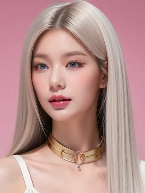 perfect figure beautiful woman：1.4，Layered Hair Style，Protruding cleavage，Pink two-dimensional clothing top：1.5，Highly Detailed Face and Skin Textur，double eyelid，Whiten the skin，long whitr hair，playing water，Collar and golden, pink lilac eyes, bambi eyes,...