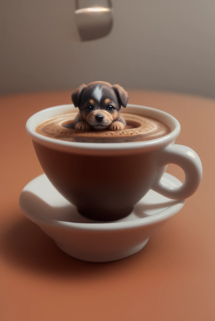 Realistic，34k，A miniature puppy lives in a coffee cup。