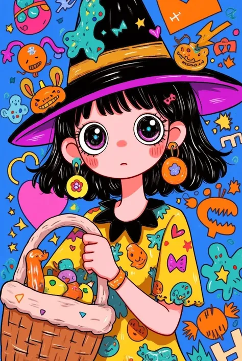 A cartoon girl in a Halloween costume holding a basket of candy, and Kamagurkas pastels, tumblr, , witch girl,  Halloween art style, bright witch, Halloween style,  Halloween Candy , witchy, portrait of a young witch girl, scarry but bewitching, a witch, L...