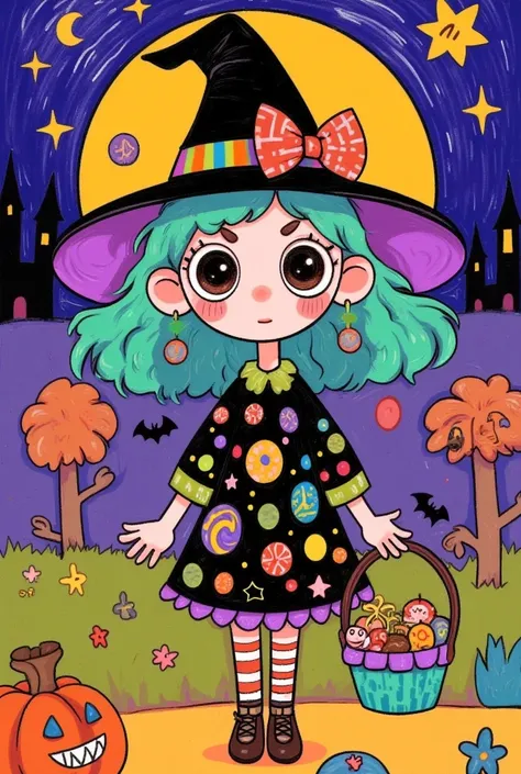 A cartoon girl in a Halloween costume holding a basket of candy, witch girl,  Official Fan Art, By Kama Guka