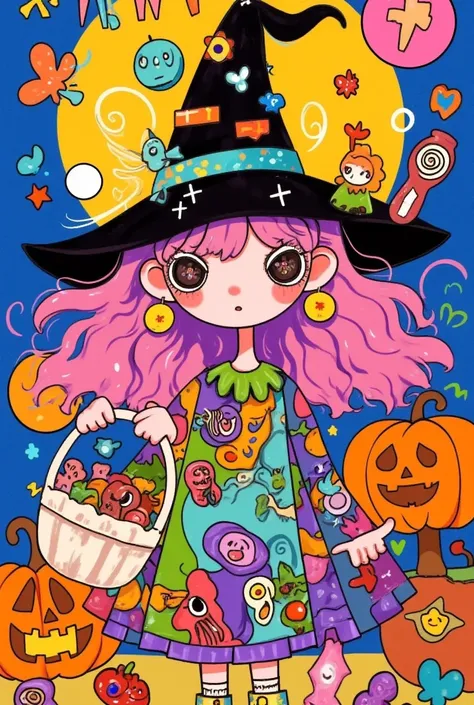 A cartoon girl in a Halloween costume holding a basket of candy, 