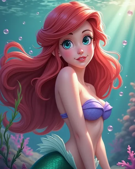 Create a serene and enchanting close up portrait of a Ariel with a curvaceous figure, fair skin, red lips, cheeky red hair, aqua blue eyes. From the waist down, she has a green horizontal fish-like tail with sea-green scales with a blue shimmer, reflecting...