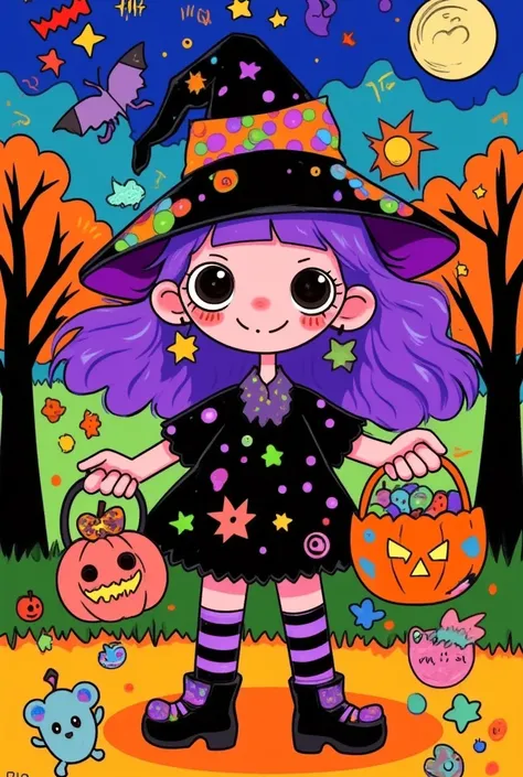 A cartoon girl in a Halloween costume holding a basket of candy, witch girl,  Official Fan Art, By Kama Guka