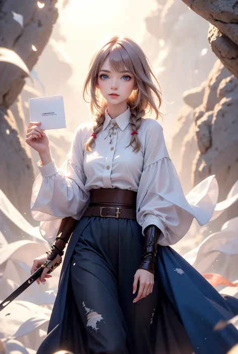 Violet evergarden, light skin,  Big blue eyes,   long and thick eyelashes  ,  slim build, Average height, prosthetic arms ,  Long hair tied with a red ribbon ,   White shirt with collar and wide sleeves that narrow in the cuffs  ,   Long and fluttering blu...