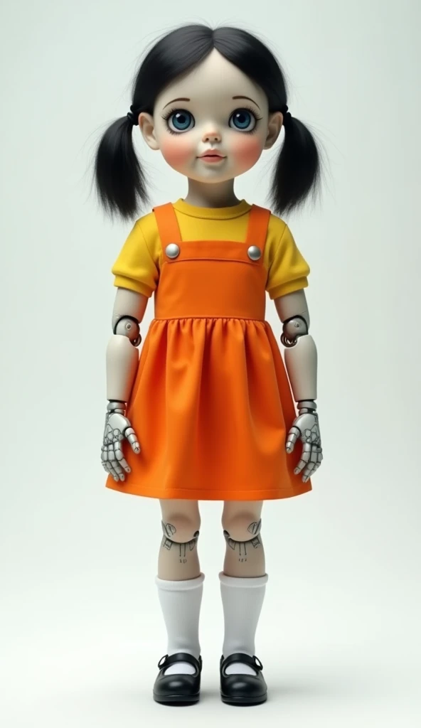 A realistic, detailed 8K image of a life-sized doll with an expressionless face, wearing an orange dress over a yellow shirt with short sleeves. The doll has pale skin, dark short hair styled in pigtails, and stands upright with arms straight down. It wear...