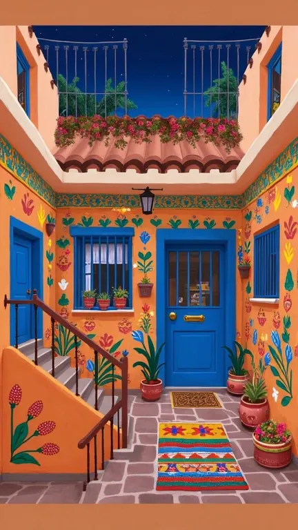 A colorful illustration of a courtyard entrance without a roof to a Mexican house from an angle where you can see the night sky, with a blue door and windows, decorated with intricate patterns and designs in orange, yellow, green, red, blue, and pink. The ...