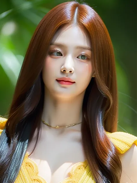 perfect figure beautiful woman：1.4，long Hair Style，Protruding cleavage，top clothing：1.5，Highly Detailed Face and Skin Textur，double eyelid，Whiten the skin，orange long hair，playing water，Collar golden, golden green eyes, bambi eyes, red hair