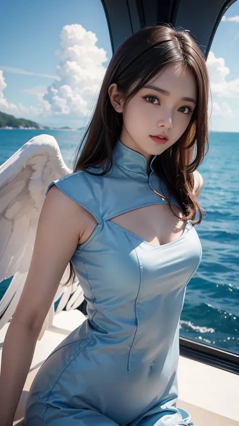 a woman who flies with wings:1.2, sky, ลอยอยู่บนskyด้วยท่าทางที่ถูกต้อง:1.5, her body doesn&#39;t touch the ground.:1.3, angel, ...