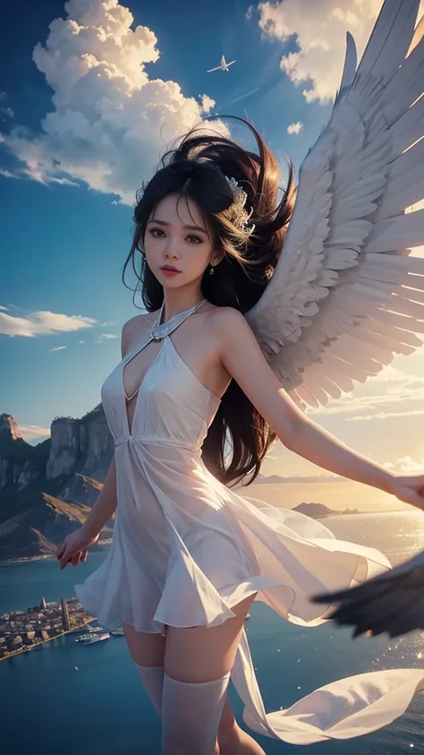 a woman who flies with wings:1.2, sky, ลอยอยู่บนskyด้วยท่าทางที่ถูกต้อง:1.5, her body doesn&#39;t touch the ground.:1.3, angel, ...