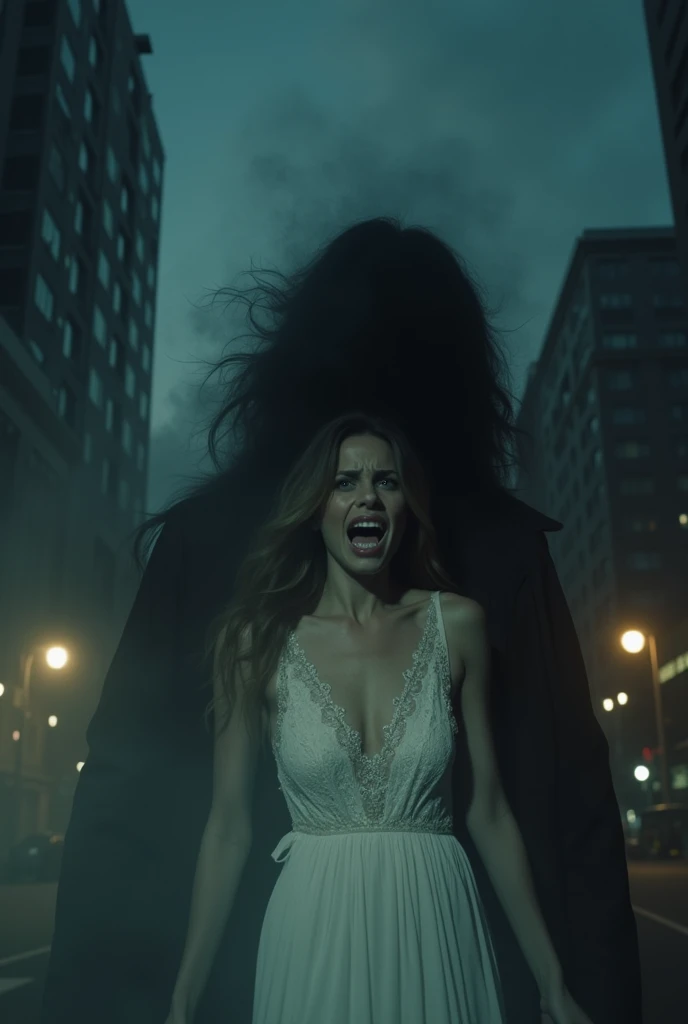 Close up of a horrified woman in a white gown being swallowed by a brute shadow under her in a night city, highest definition, highest detail, highest quality, night time 