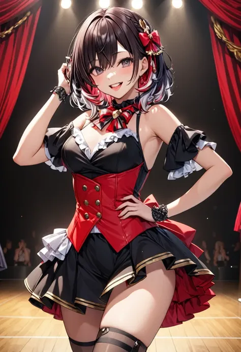 a woman with medium dark hair who is the ace of the pretty girl group idol"haruna",  stage costume based on red and black