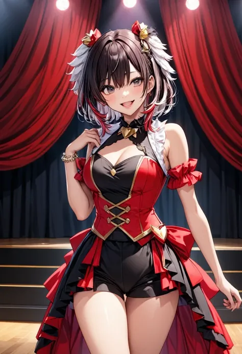 a woman with medium dark hair who is the ace of the pretty girl group idol"haruna",  stage costume based on red and black