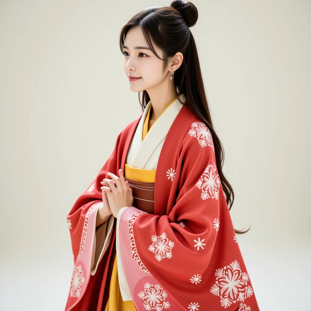 "a photorealistic image of a young east asian woman dressed in traditional sengoku-era attire. she is wearing an ornate red uchi...