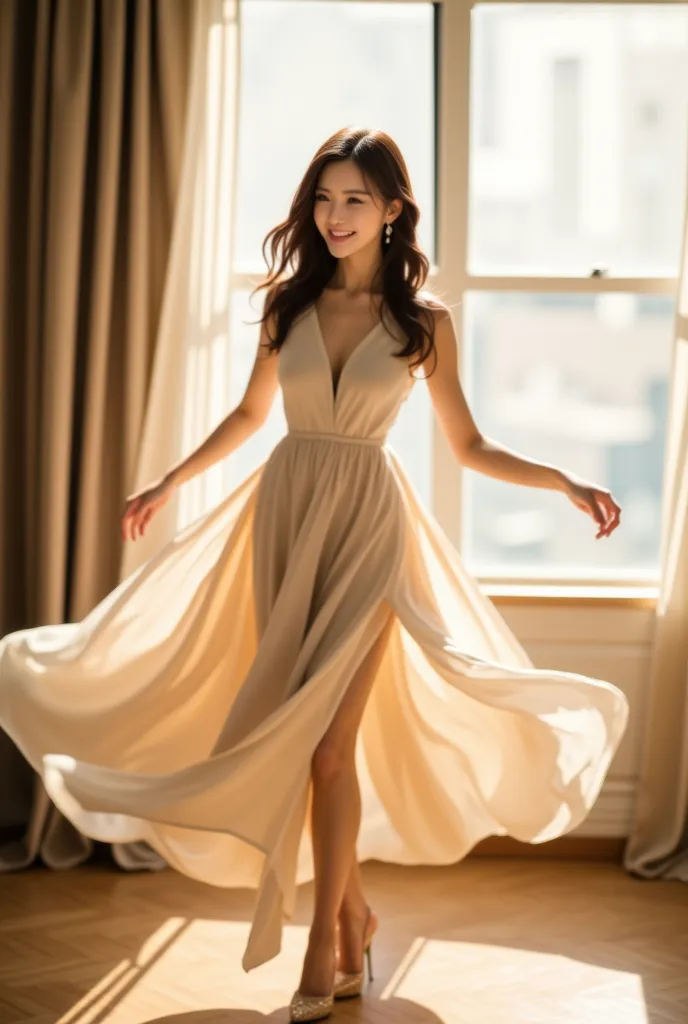 scene description: "an elegant east asian slender woman is spinning gracefully in mid-motion, wearing a flowing, light-colored d...