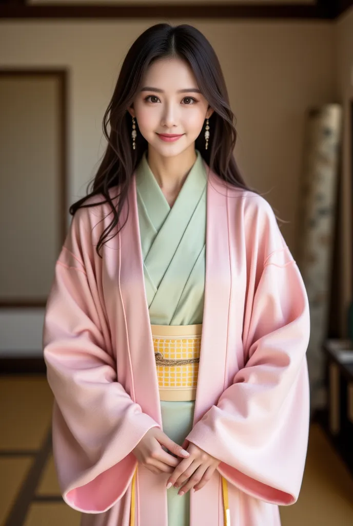 A photorealistic image of a young East Asian slender woman wearing a traditional outfit in a old japanese ttaditonal room. She is smiling and dressed in a light pink haori (a traditional Japanese jacket) with a geometric diamond pattern, worn over a kimono...