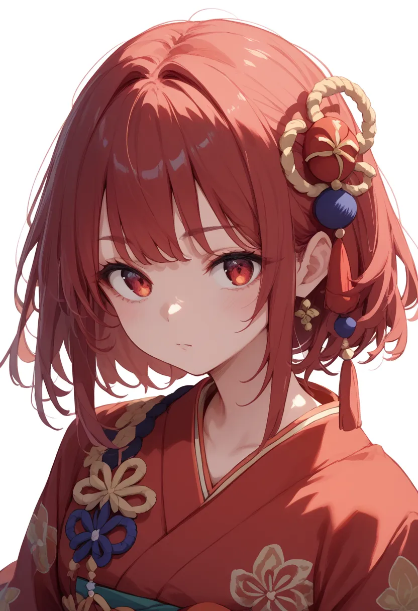 white background、red kimono、 red hair、 red eyes、 plum accessories、25-year-old sister 、whole body