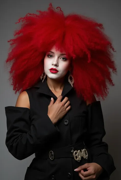 plus size black albino woman with red afro hair in high fashion photoshoot