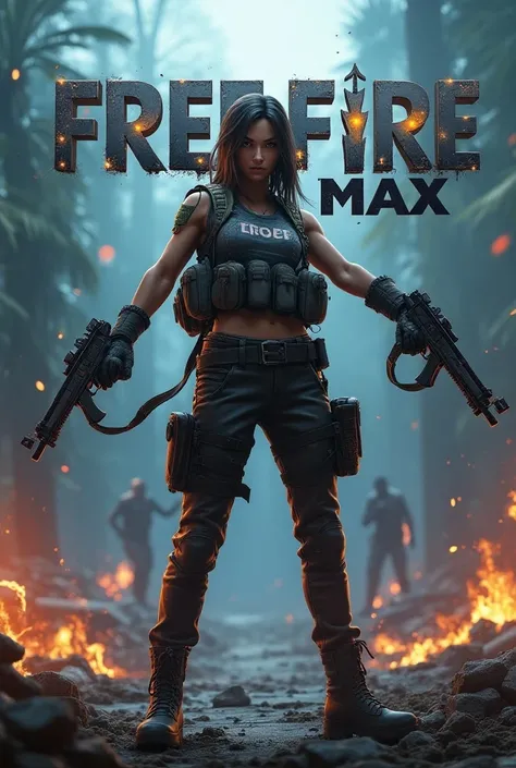 Create an intense Free Fire Max scene showing a confident female character in tactical gear holding two guns. Set her against a dynamic battle scene with explosions and jungle ruins. Use a high-contrast color scheme with deep blues and fiery accents. Add t...