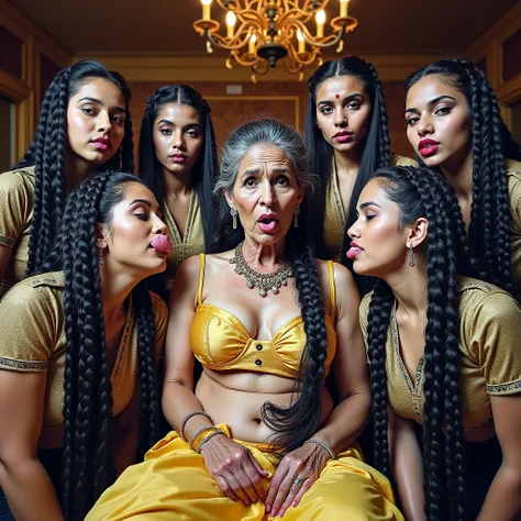 in a luxurious school class room.Lady1,Eldery Mature Teacher,wears indian yellow vibant saree,seated on chair,Kept her saree blouse open hang over elbows,her off-shoulders revealing & exposed her vibrant silk bra,Her eldery decayed body exposed, having sim...