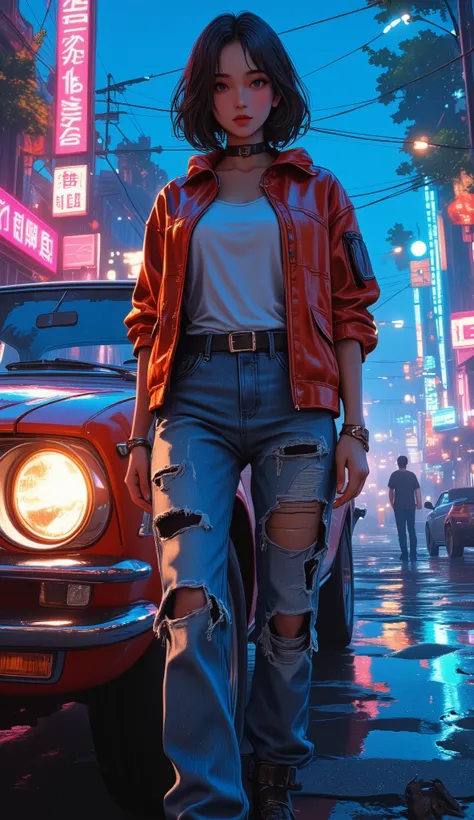 anatomically correct , plano general,   full body ,  a woman in broken jeans standing next to a car ,  gta v , style ross tran, ...