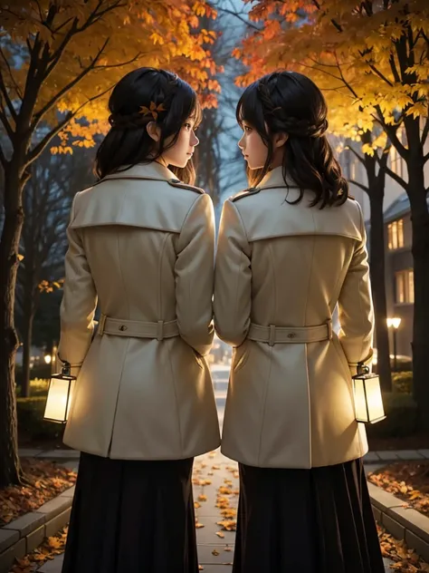 2girl, Beautiful twin, 
Twin sisters wearing matching elegant coats, 
(They are posing with their backs together), 
Autumn leaves illuminated by the lights, silhouettes of gardeners, beautiful face, detailed face,