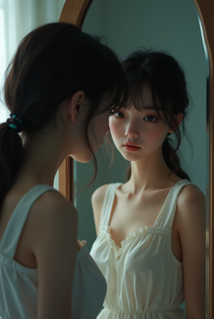 photorealism, highly realistic, teen girl, pretty face, cute looking in full-length mirror, no cartoon, slightly sad, (no anime)