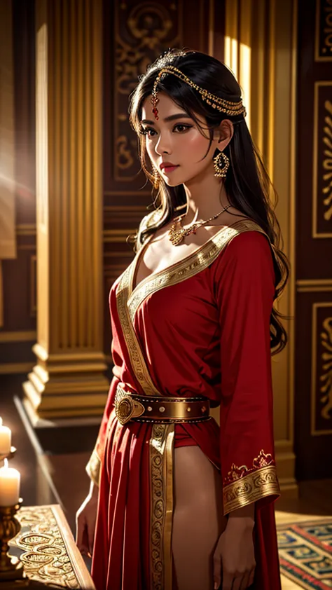 ((best quality, 8k,  masterpiece  :1.3)), sharp focus :1.2,  creates a realistic image of a beautiful, sexy, positive figure Indian girl.: 8.5 ( masterpiece เหมือนราชินี) ( Goddess-like body )  wearing beautiful outfits, red clothes, long skirts and oversi...