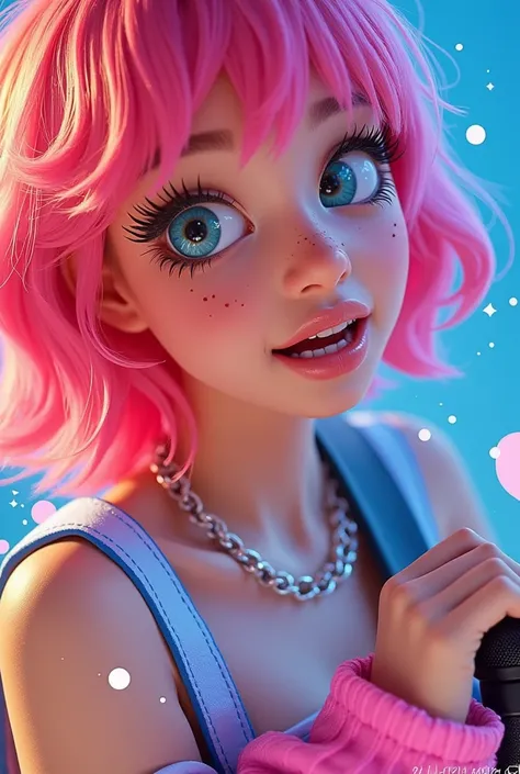 A close-up shot of a 3d virtual YouTuber idol, surrounded by a warm and cozy glow. The camera captures her adorable features, from her bright pink hair to her sparkling eyes and cheerful smile. Shes posed in a playful manner, with one hand holding a microp...