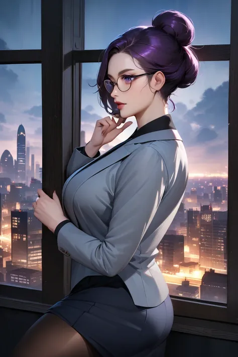 In a semi-realistic anime art style, a curvy woman with dark purple hair tied back in a professional bun, wearing feminine business attire including a suit jacket, a skirt, and tights, wearing glasses, looking out a window at a cityscape, with a wistful lo...