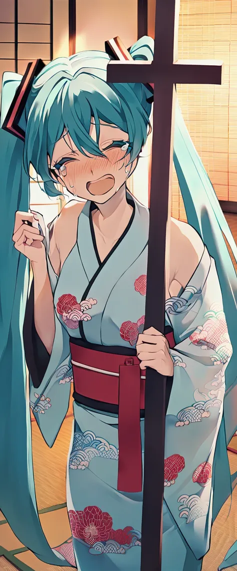 hatsune miku wears a kimono and holds up a cross while crying in a tatami room