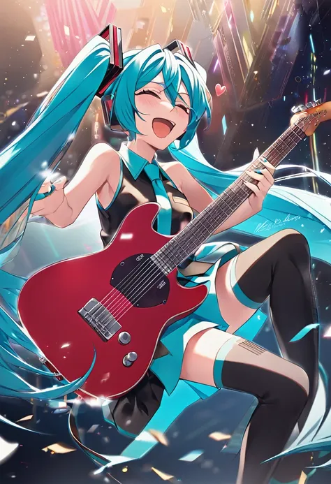 hatsune miku whistles the guitar with all his heart while falling through the air